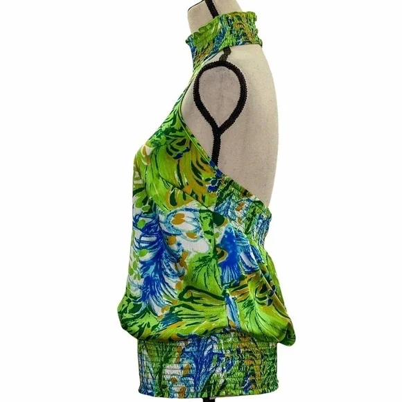 COTTON Express Green Blue Floral Print Open Back Halter Sleeveless Blouse - Picture 3 of 11